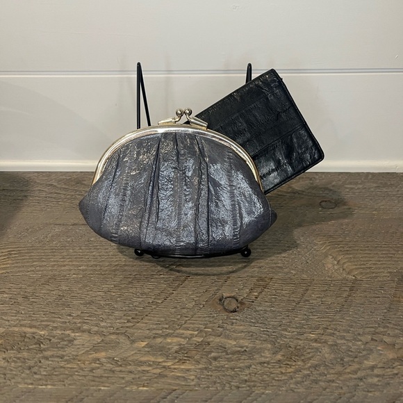 None Handbags - Vintage Gray Eel Skin Double Kiss Lock Coin Purse & Blk Eel Skin Checkbook Cover